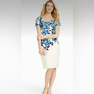 Talbot’s Women’s Floral Sheath Dress Wedding Party Summer Blue/Creme’ Size 4